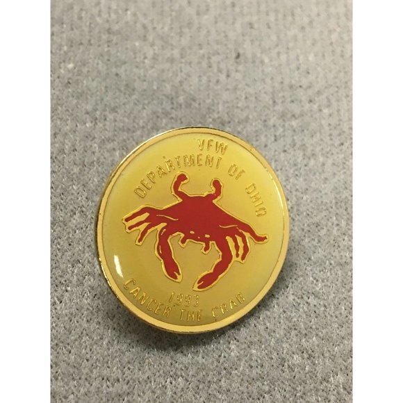 VFW Department of Ohio 1993 Cancer the Crab Enameled Red on Yellow Gold tone Pin - Picture 2 of 3